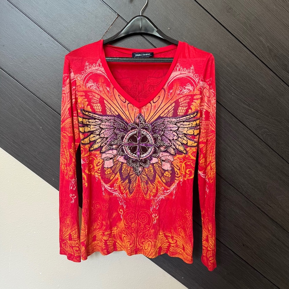 Cowgirls & Diamonds Embellished Wing Graphic Long Sleeve Top Medium Red Y2K Gems